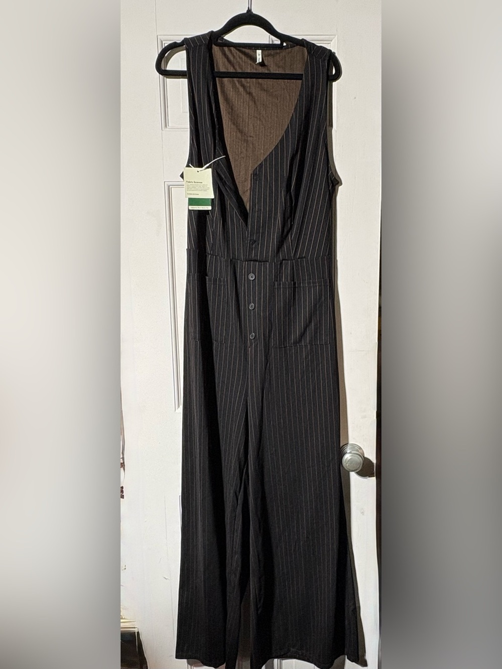 HALARA Black Pinstripe V‑Neck Wide‑Leg Jumpsuit